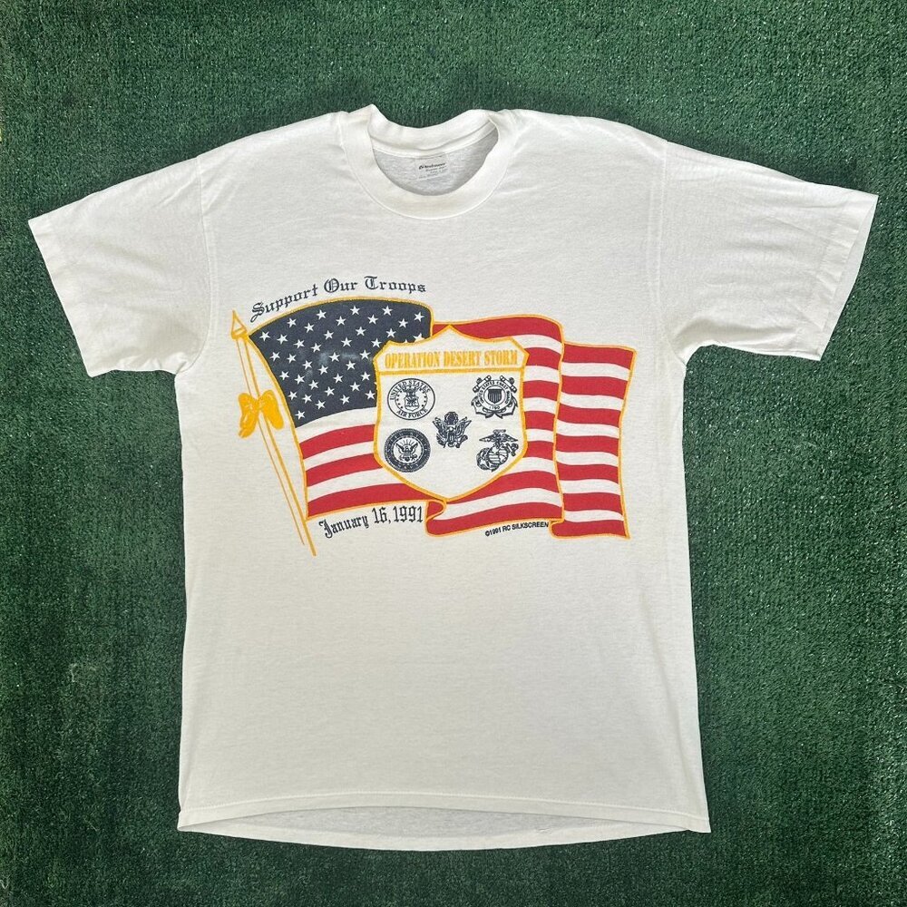 Vintage 90s Desert Storm T-Shirt White L Iraq War Single Stitch Military Patriot